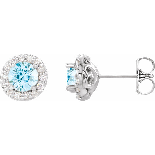 14K White 5 mm Round Aquamarine & 1/4 Diamond Earrings