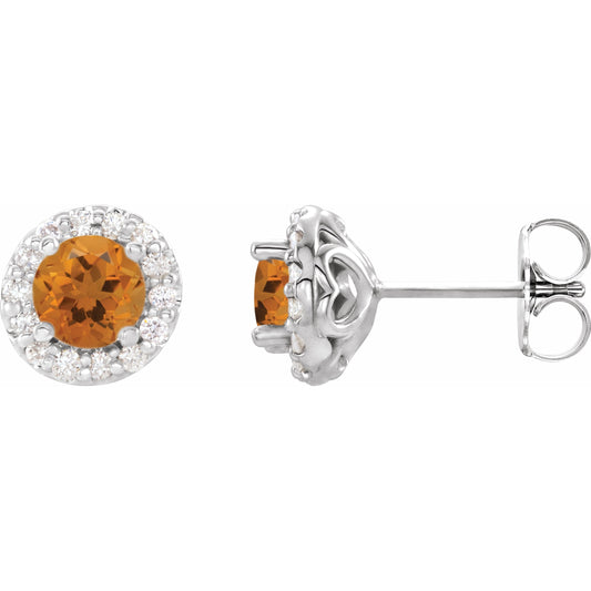 14K White 4 mm Round Citrine & 1/8 Diamond Earrings