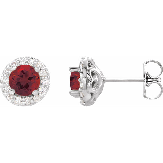 14K White 4 mm Round Mozambique Garnet & 1/8 Diamond Earrings