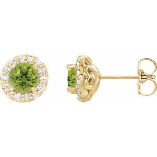 14K Yellow 4 mm Round Peridot & 1/8 Diamond Earrings