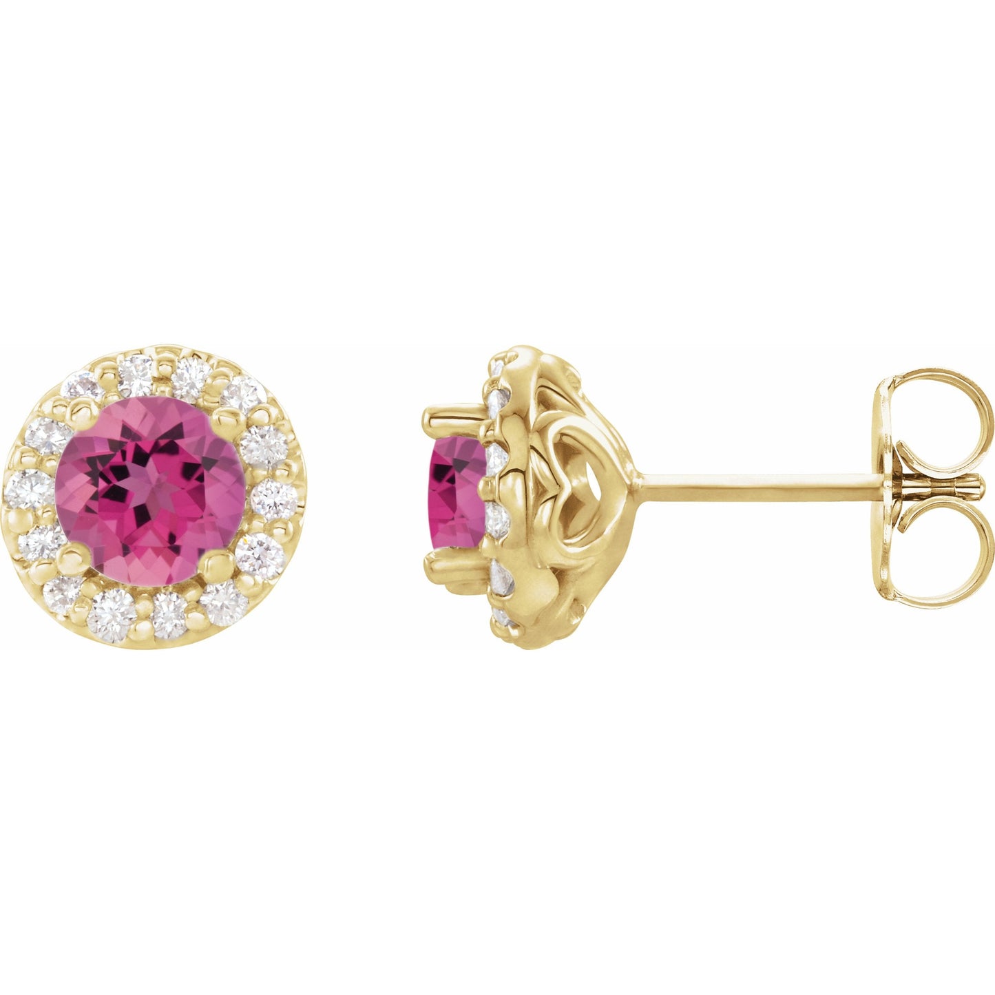 14K Yellow 4.5 mm Round Pink Tourmaline & 1/4 Diamond Earrings