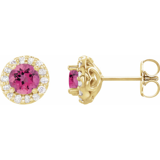 14K Yellow 4.5 mm Round Pink Tourmaline & 1/4 Diamond Earrings