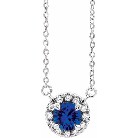 14K White 6 mm Round Blue Sapphire & 1/5 CTW Diamond 18 Necklace