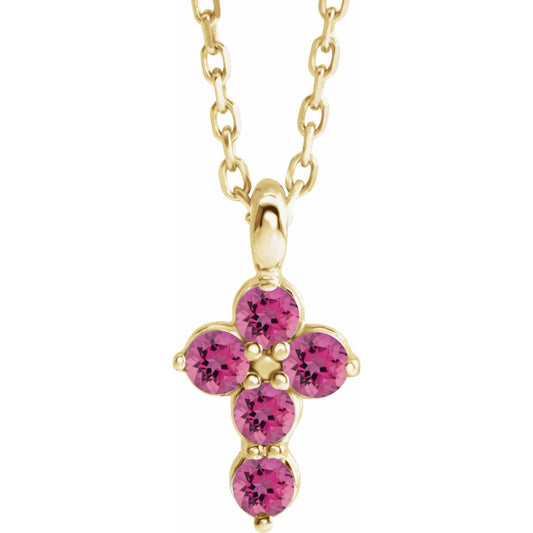 14K Yellow Pink Tourmaline Cross 16-18 Necklace