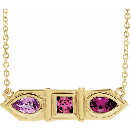 14K Yellow Pink Multi-Gemstone Geometric Bar 18 Necklace