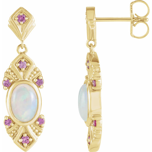 14K Yellow Ethiopian Opal & Pink Sapphire Vintage-Inspired Earrings
