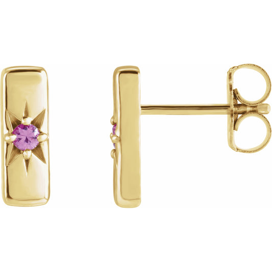 14K Yellow Pink Sapphire Starburst Bar Earrings