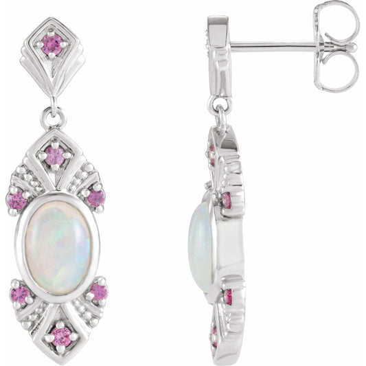 14K White Ethiopian Opal & Pink Sapphire Vintage-Inspired Earrings