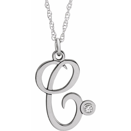14K White .02 CT Diamond Script Initial C 16-18 Necklace