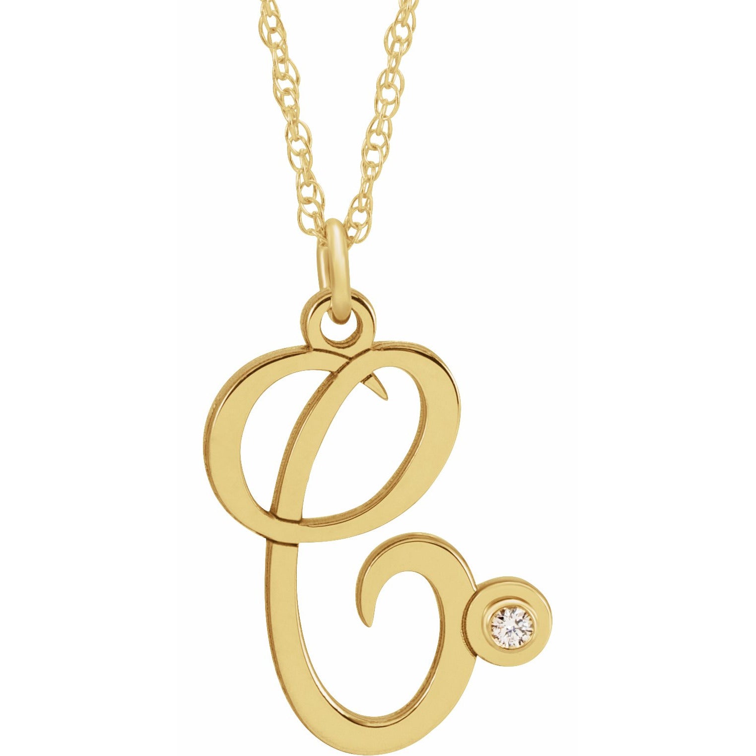14K Yellow Gold-Plated .02 CT Diamond Script Initial C 16-18 Necklace ...