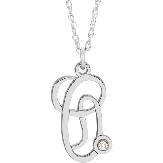 14K White .02 CT Diamond Script Initial O 16-18 Necklace