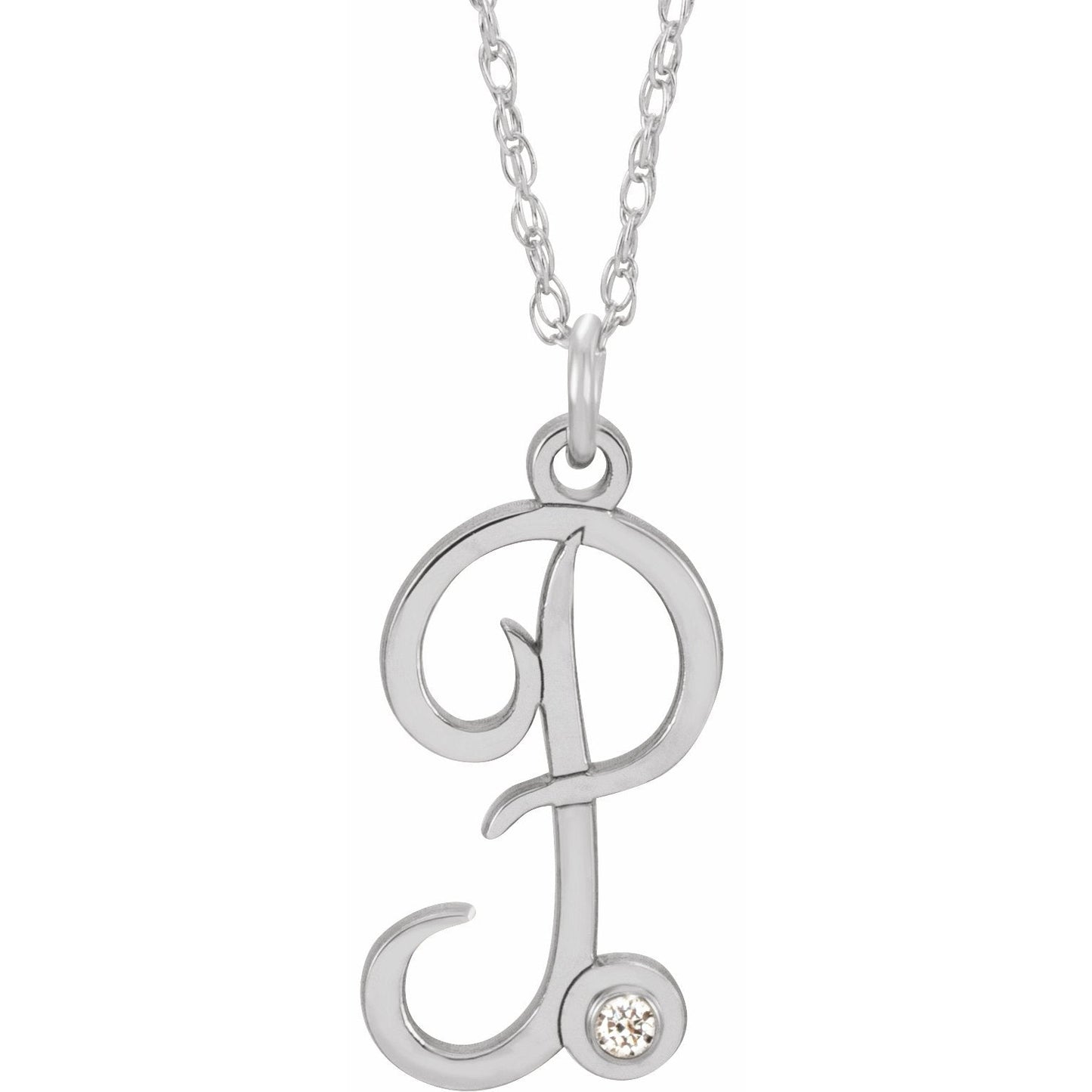 14K White .02 CT Diamond Script Initial P 16-18 Necklace