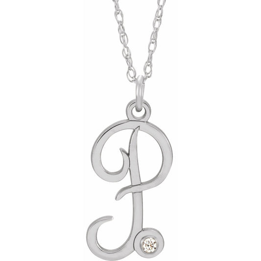 14K White .02 CT Diamond Script Initial P 16-18 Necklace