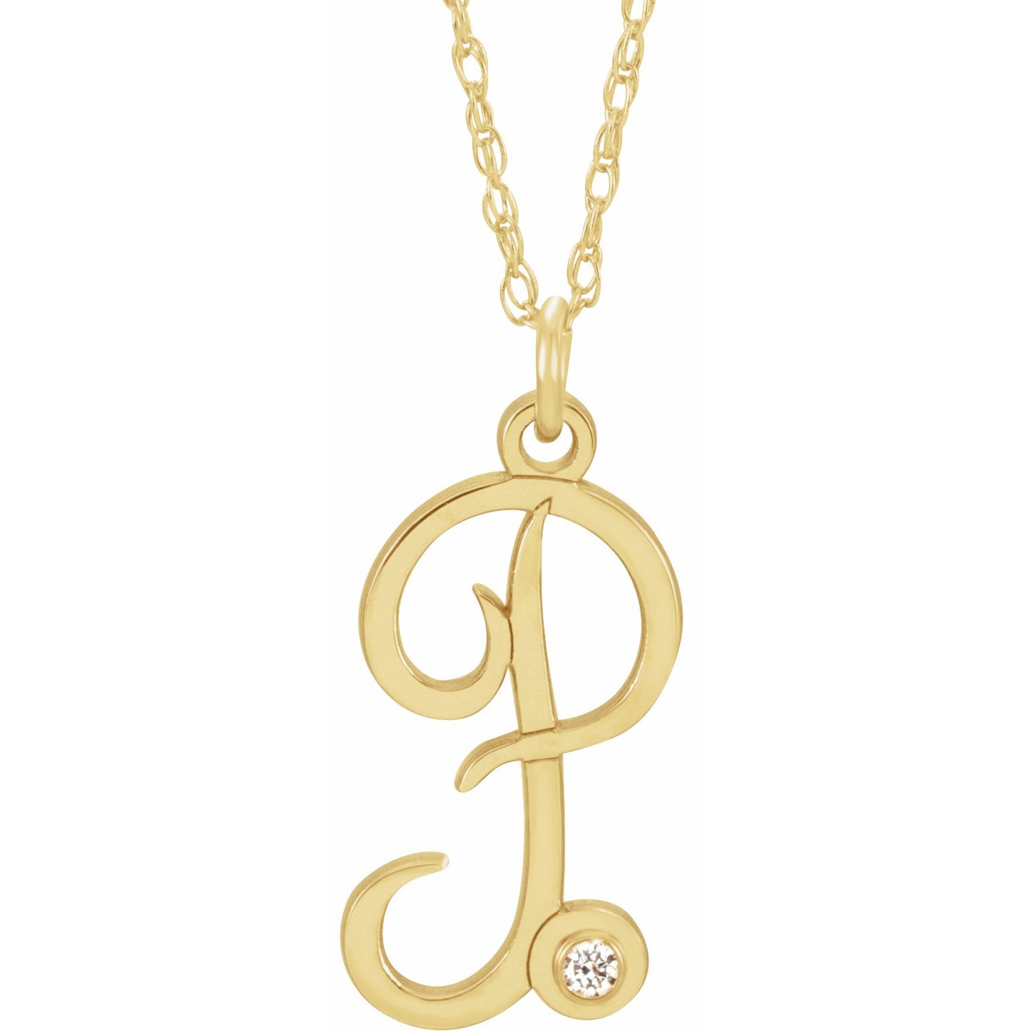 14K Yellow Gold-Plated .02 CT Diamond Script Initial P 16-18 Necklace