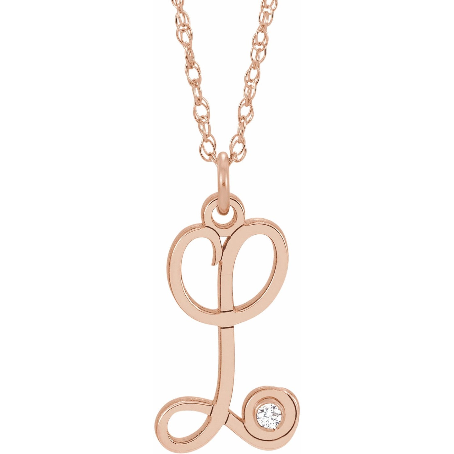 14K Rose .02 CT Diamond Script Initial L 16-18 Necklace