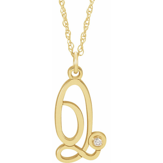 14K Yellow .02 CT Diamond Script Initial Q 16-18 Necklace