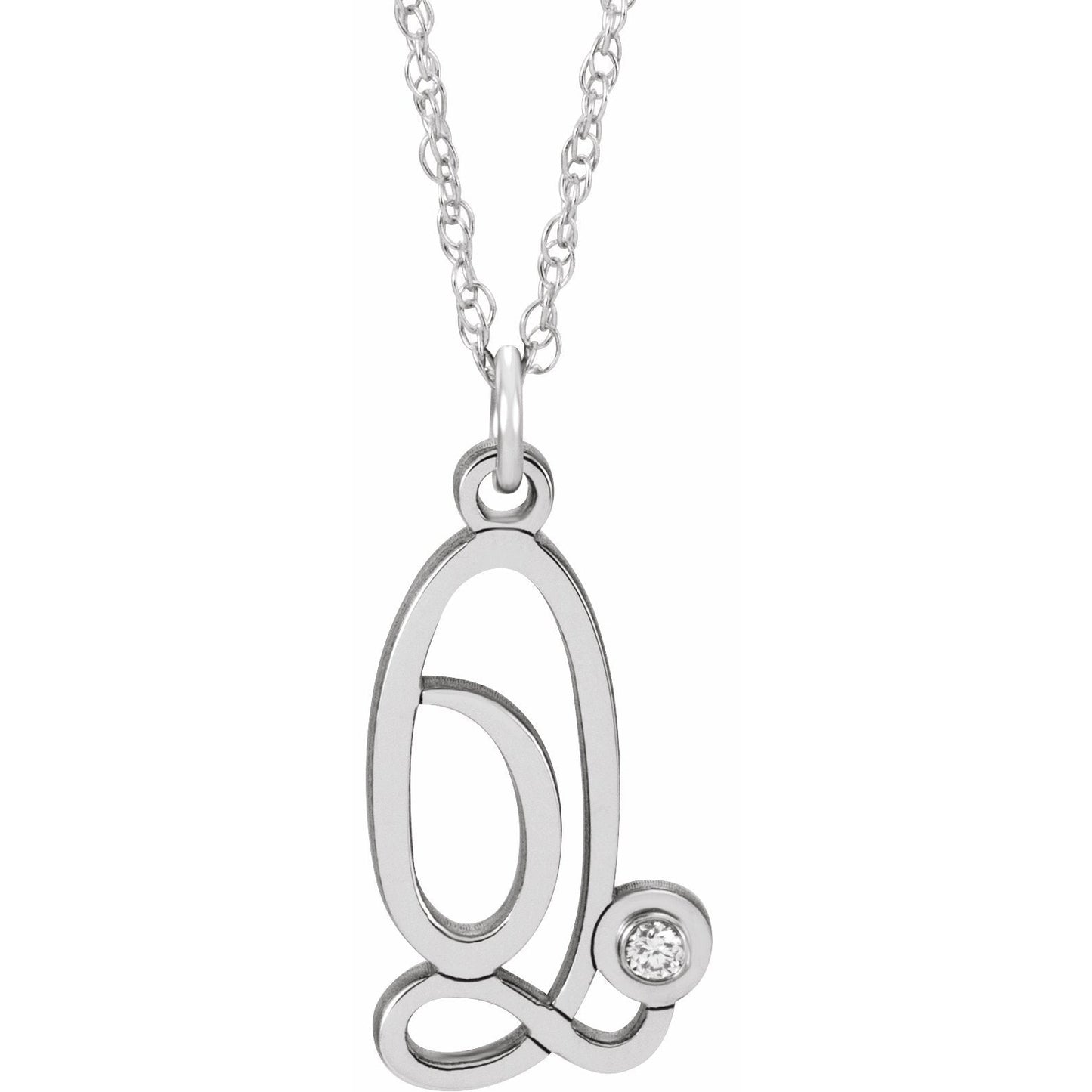 14K White .02 CT Diamond Script Initial Q 16-18 Necklace