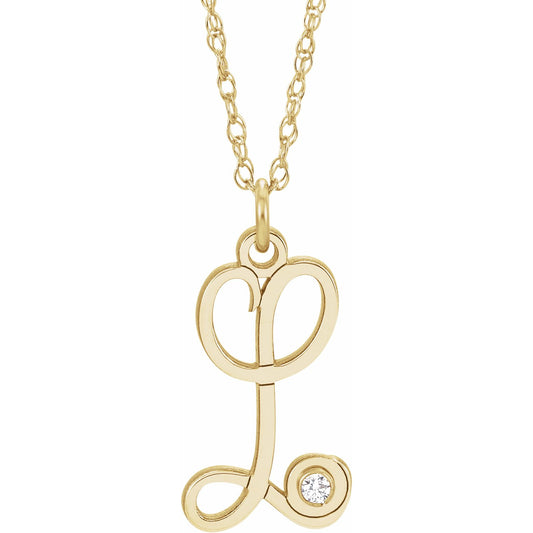14K Yellow Gold-Plated .02 CT Diamond Script Initial L 16-18 Necklace