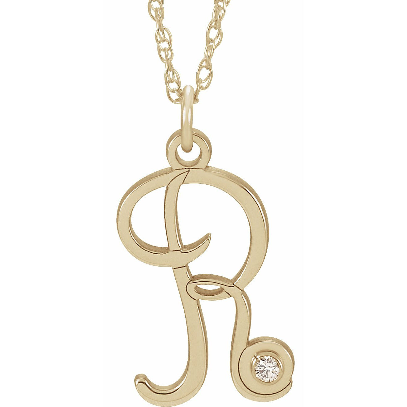14K Yellow Gold-Plated .02 CT Diamond Script Initial R 16-18 Necklace