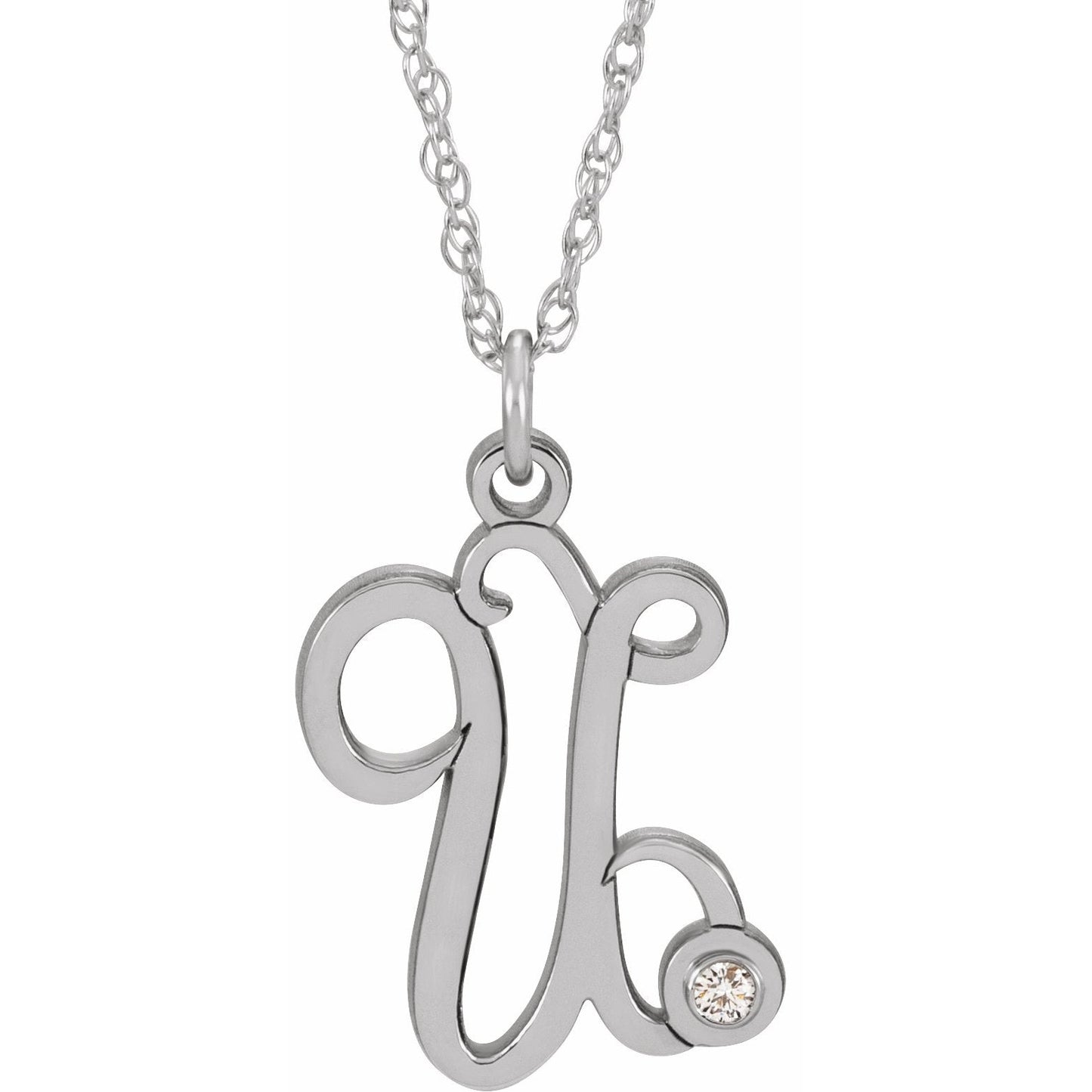 14K White .02 CT Diamond Script Initial U 16-18 Necklace