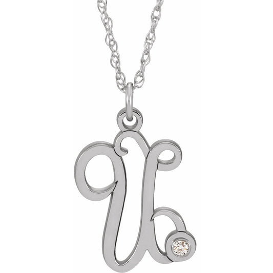 14K White .02 CT Diamond Script Initial U 16-18 Necklace
