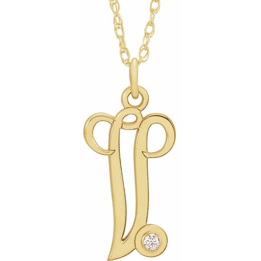 14K Yellow .02 CT Diamond Script Initial V 16-18 Necklace