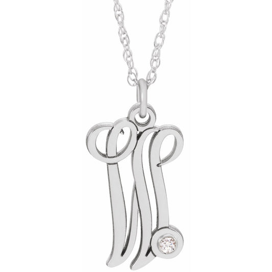 14K White .02 CT Diamond Script Initial W 16-18 Necklace