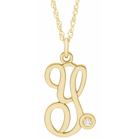 14K Yellow .02 CT Diamond Script Initial Y 16-18 Necklace