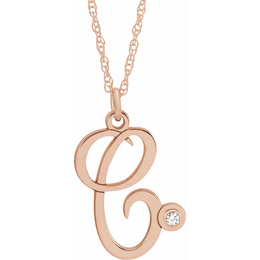 14K Rose .02 CT Diamond Script Initial C 16-18 Necklace