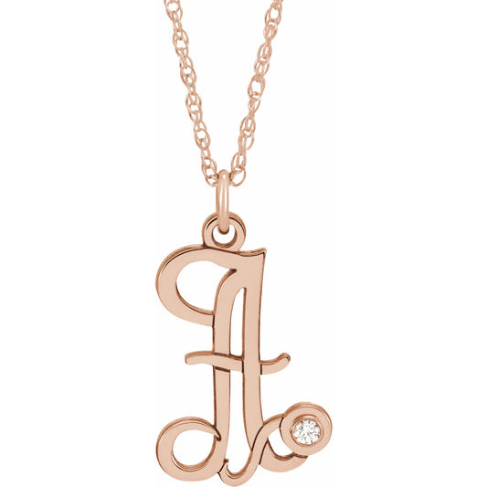 14K Rose .02 CT Diamond Script Initial A 16-18 Necklace