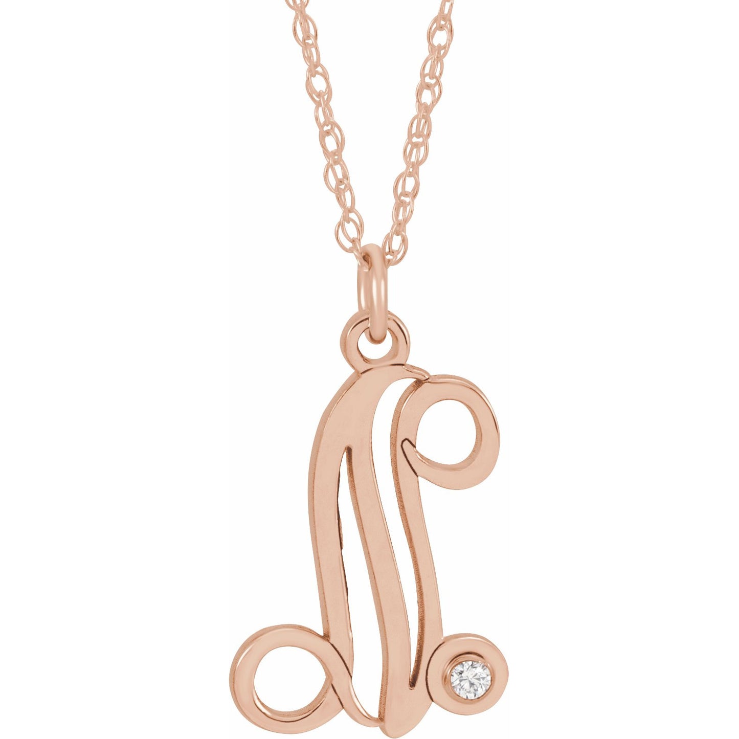 14K Rose .02 CT Diamond Script Initial N 16-18 Necklace