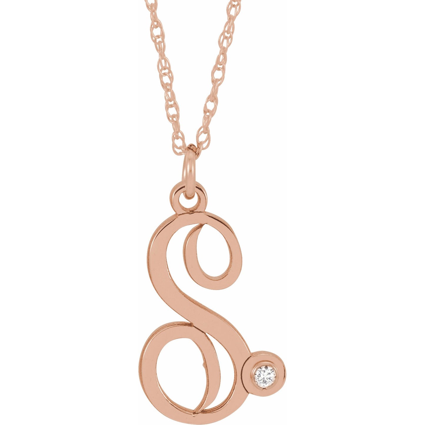 14K Rose .02 CT Diamond Script Initial S 16-18 Necklace