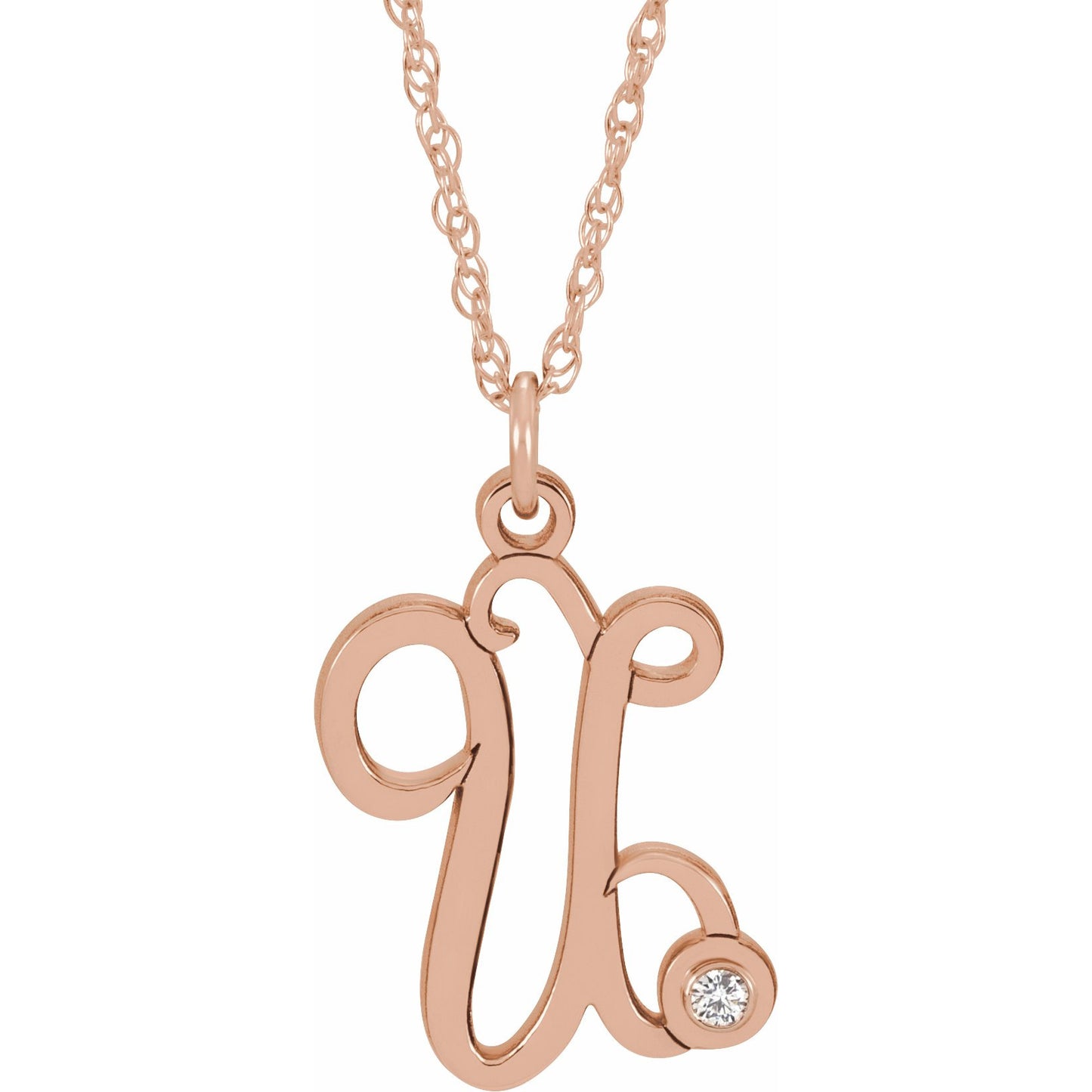 14K Rose .02 CT Diamond Script Initial U 16-18 Necklace