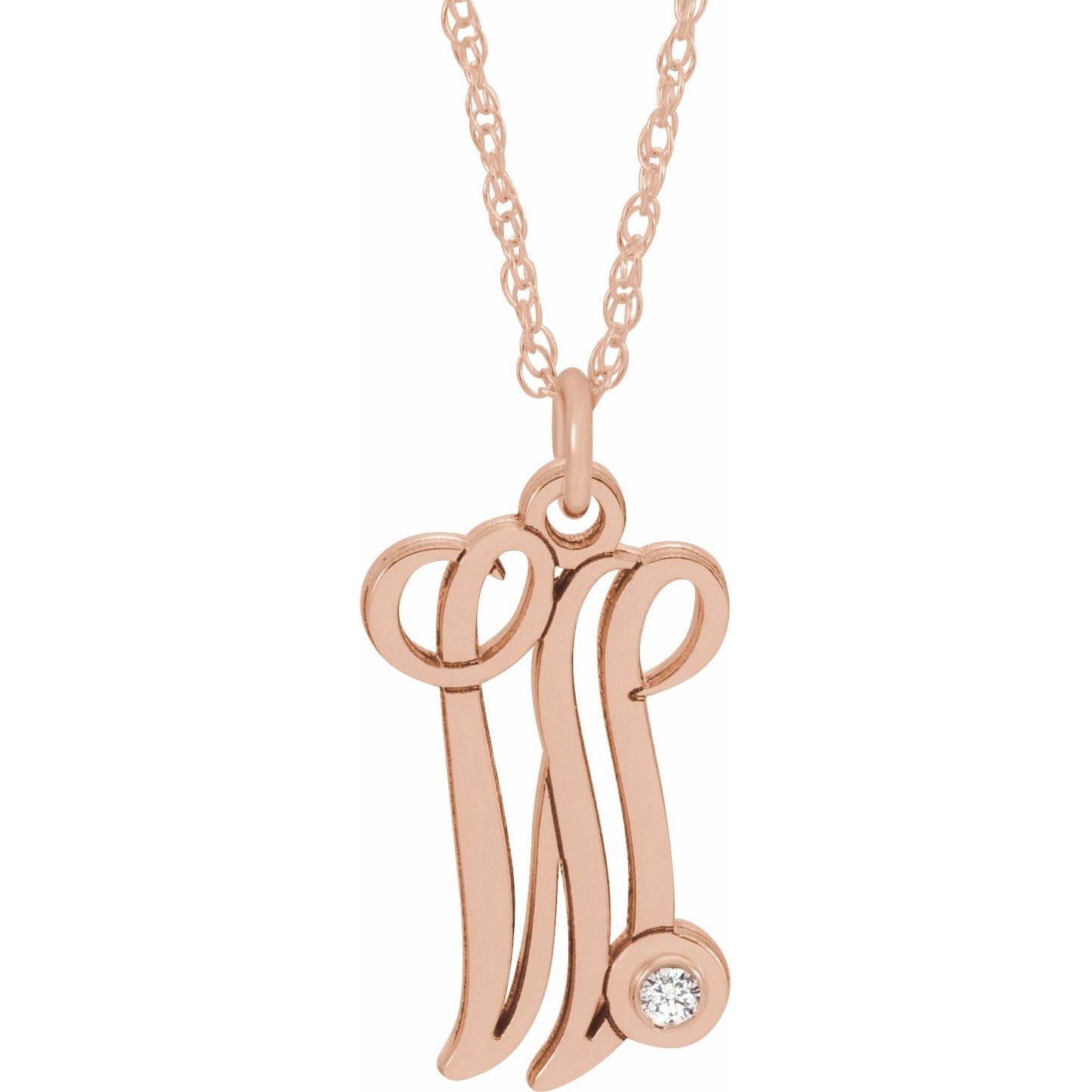 14K Rose .02 CT Diamond Script Initial W 16-18 Necklace