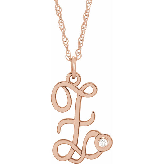 14K Rose .02 CT Diamond Script Initial Z 16-18 Necklace