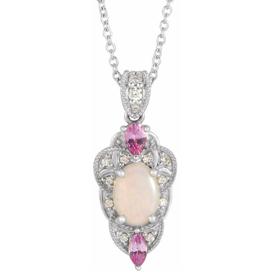 14K White Opal, Pink Sapphire & 1/10 CTW Diamond Vintage-Inspired 16-18 Necklace