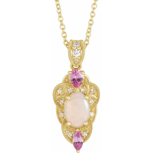 14K Yellow Opal, Pink Sapphire & 1/10 CTW Diamond Vintage-Inspired 16-18 Necklace