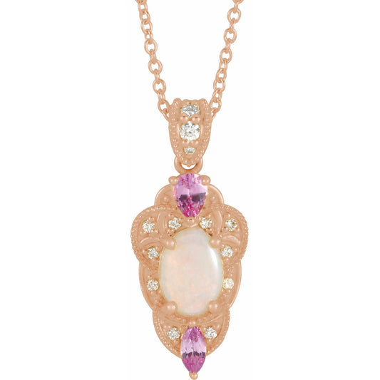 14K Rose Opal, Pink Sapphire & 1/10 CTW Diamond Vintage-Inspired 16-18 Necklace