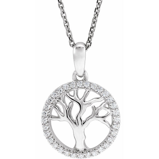 14K White 1/5 CTW Diamond Tree of Life 16-18 Necklace