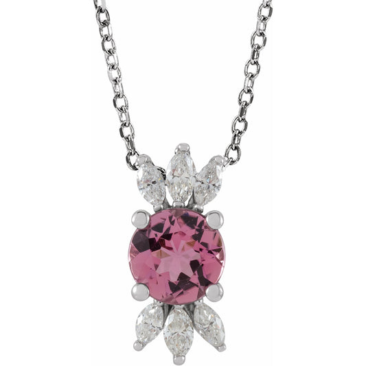 14K White Pink Tourmaline & 1/5 CTW Diamond 16-18 Necklace