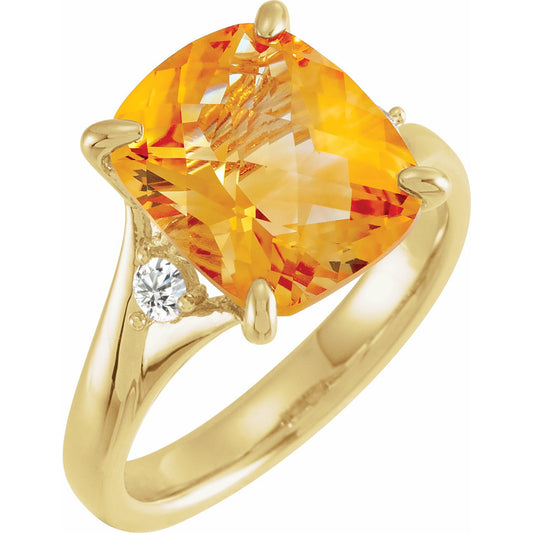 14K Yellow Checkerboard Citrine & 1/6 CTW Diamond Ring