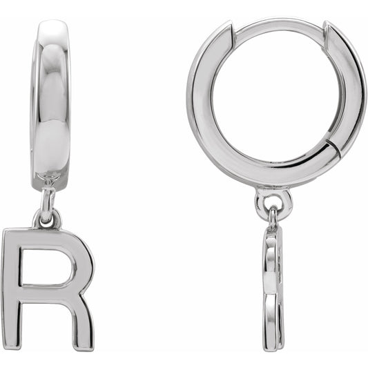 14K White Single Initial R Huggie