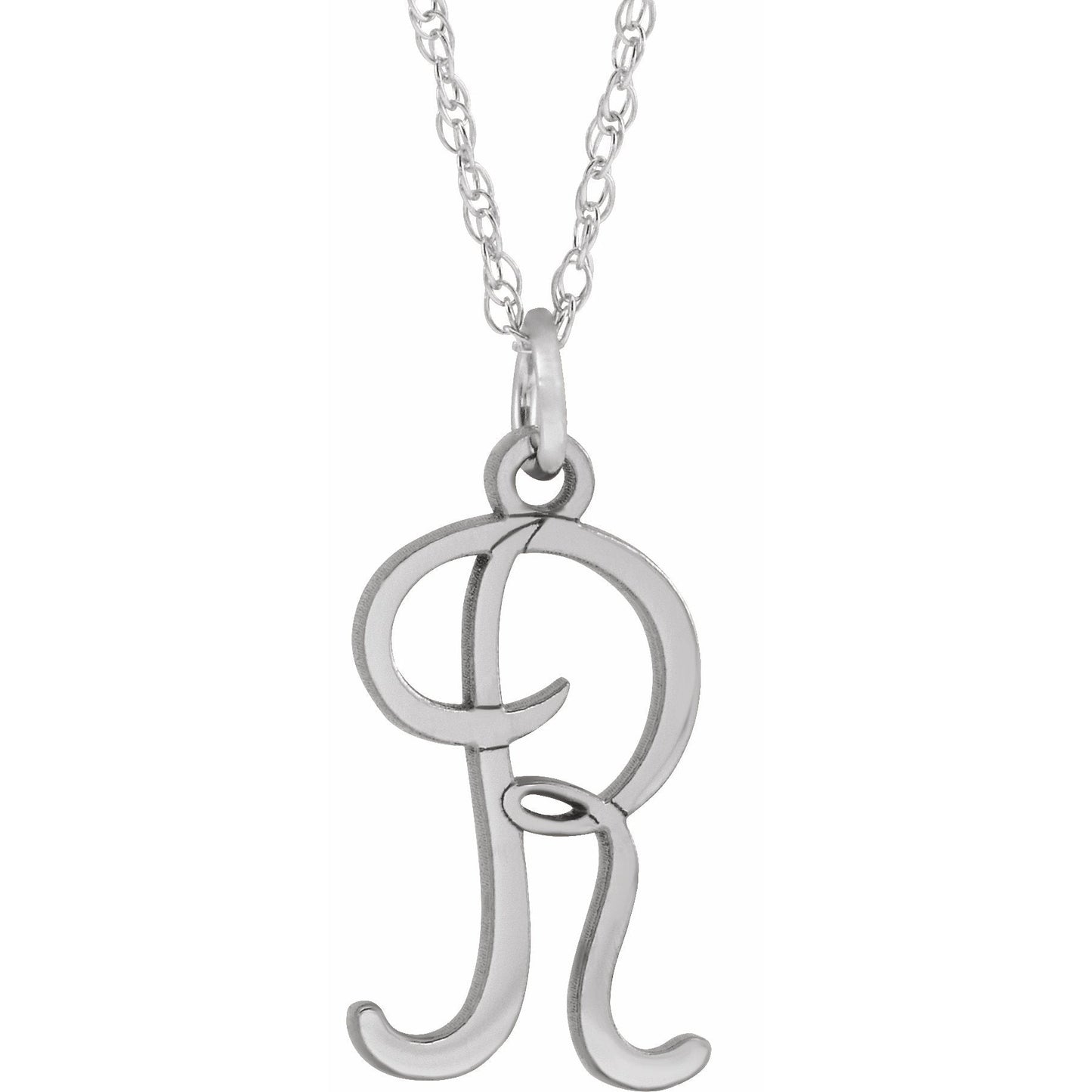 14K White Script Initial R 16-18 Necklace