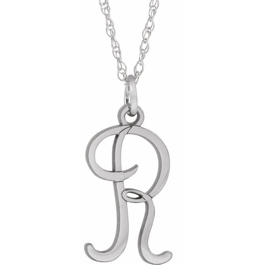 14K White Script Initial R 16-18 Necklace