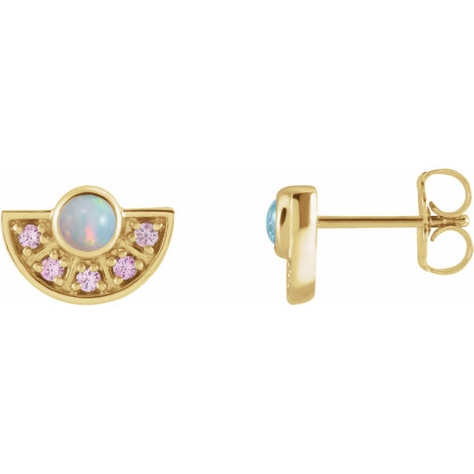14K Yellow Ethiopian Opal & Pink Sapphire Fan Earrings