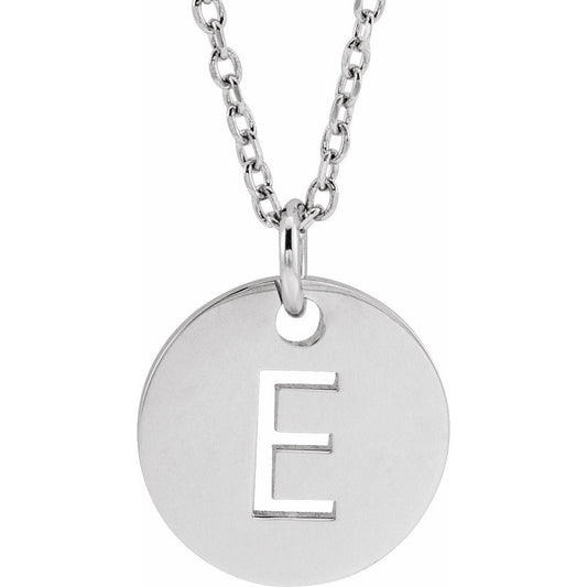 14K White Initial E 10 mm Disc 16-18 Necklace