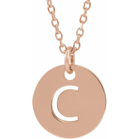 14K Rose Initial C 10 mm Disc 16-18 Necklace