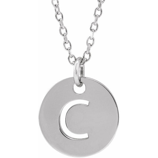 14K White Initial C 10 mm Disc 16-18 Necklace