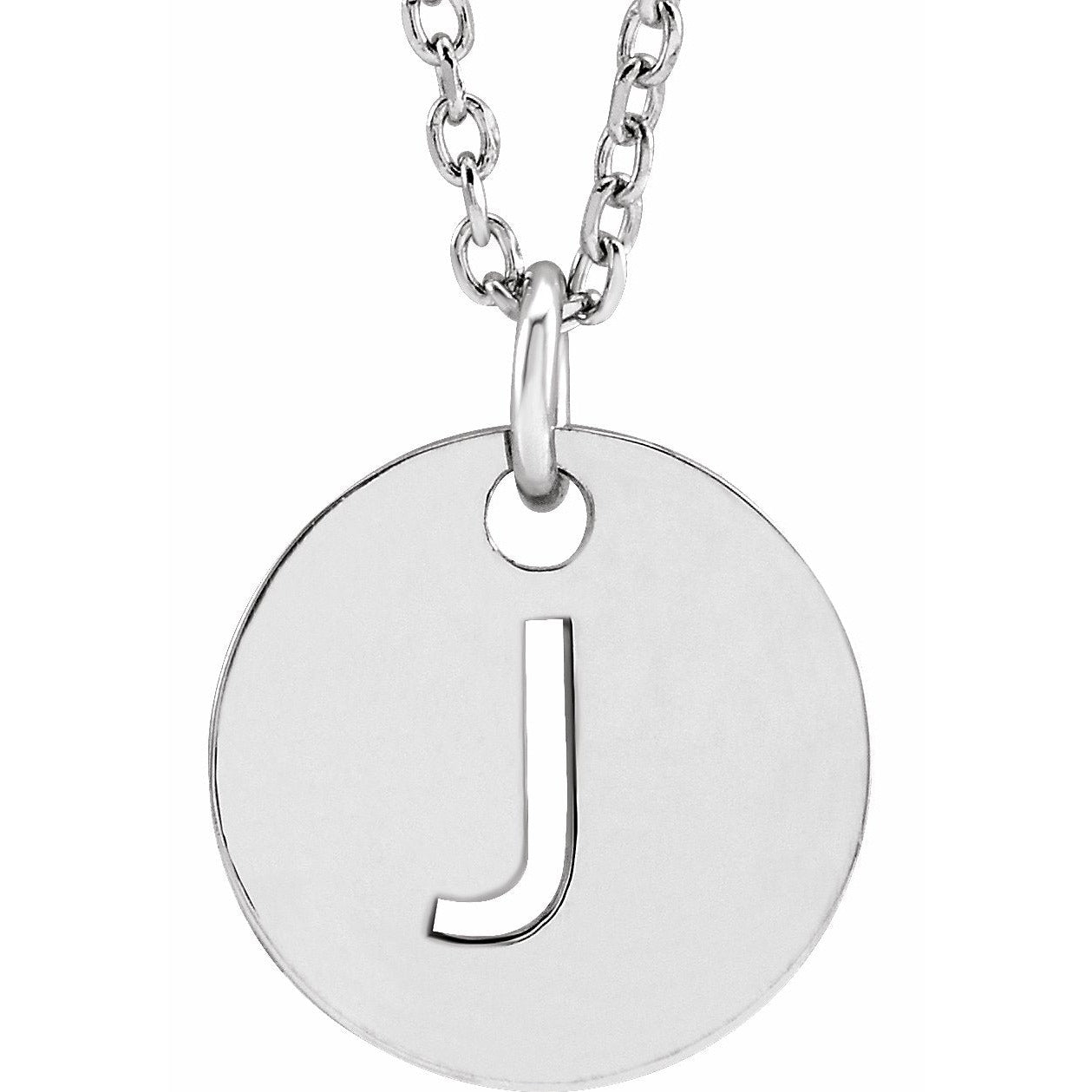 14K White Initial J 10 mm Disc 16-18 Necklace