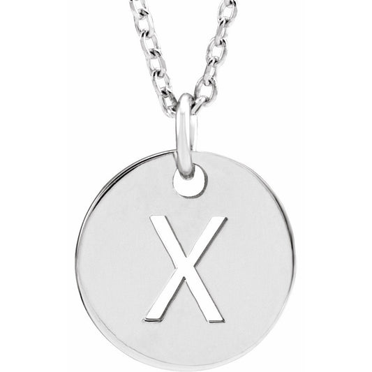 14K White Initial X 10 mm Disc 16-18 Necklace